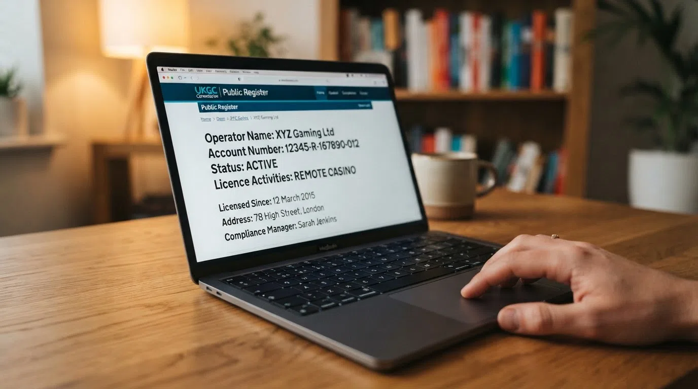 A close-up of a UK Gambling Commission licence badge rendered on a casino website footer, with the account number and “Remote Casino” designation legible