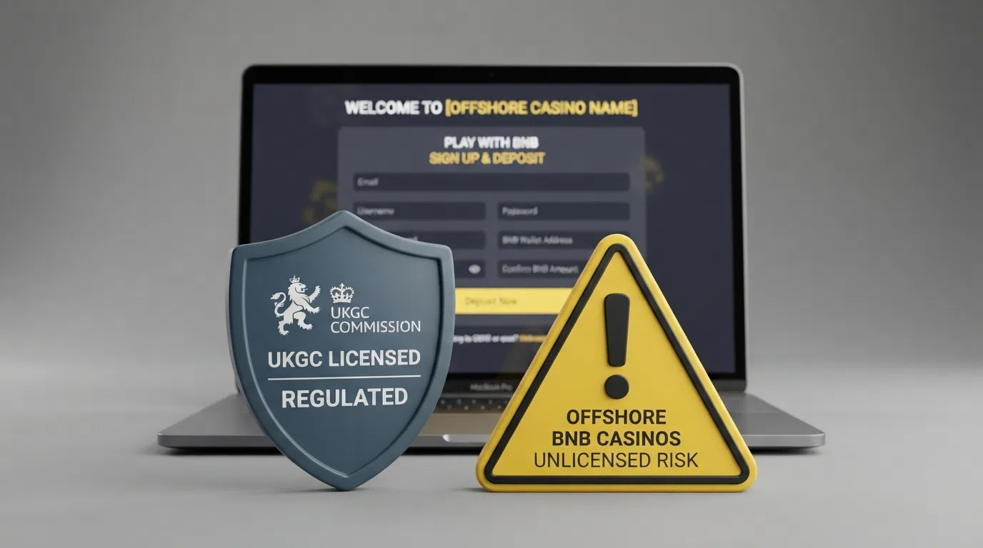A UKGC logo beside a warning triangle with a laptop screen showing a casino sign-up form in the background
