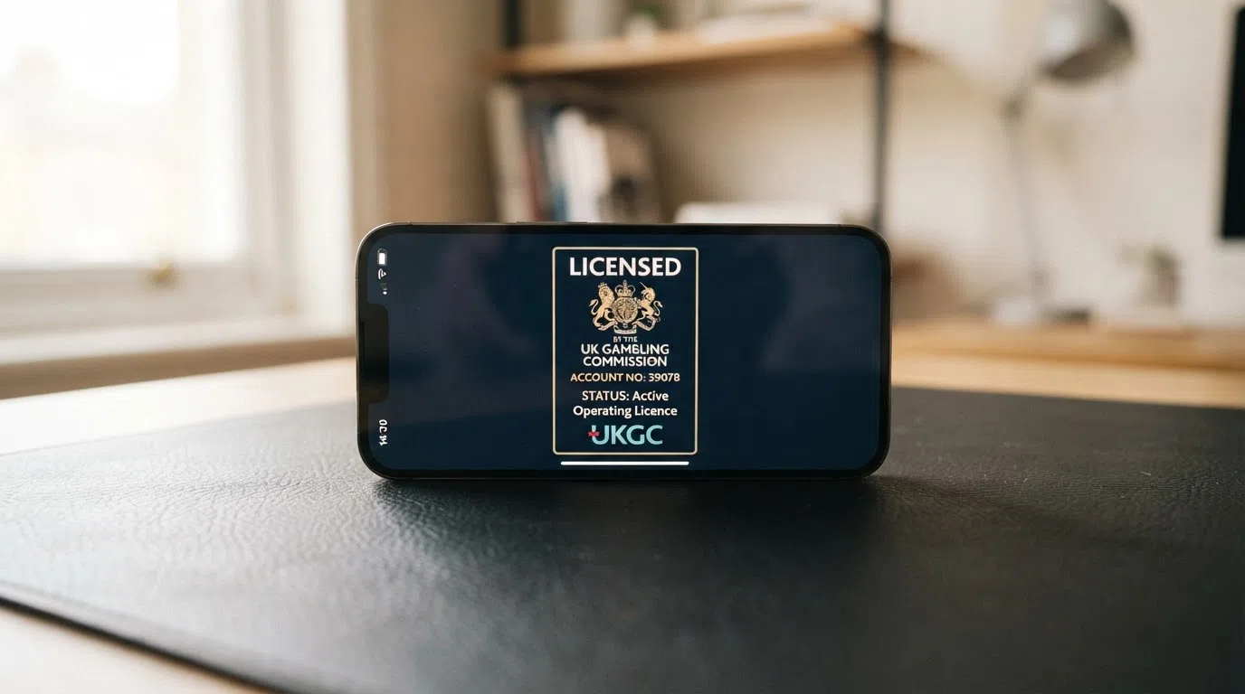 A smartphone displaying a UK Gambling Commission licence badge on a dark background