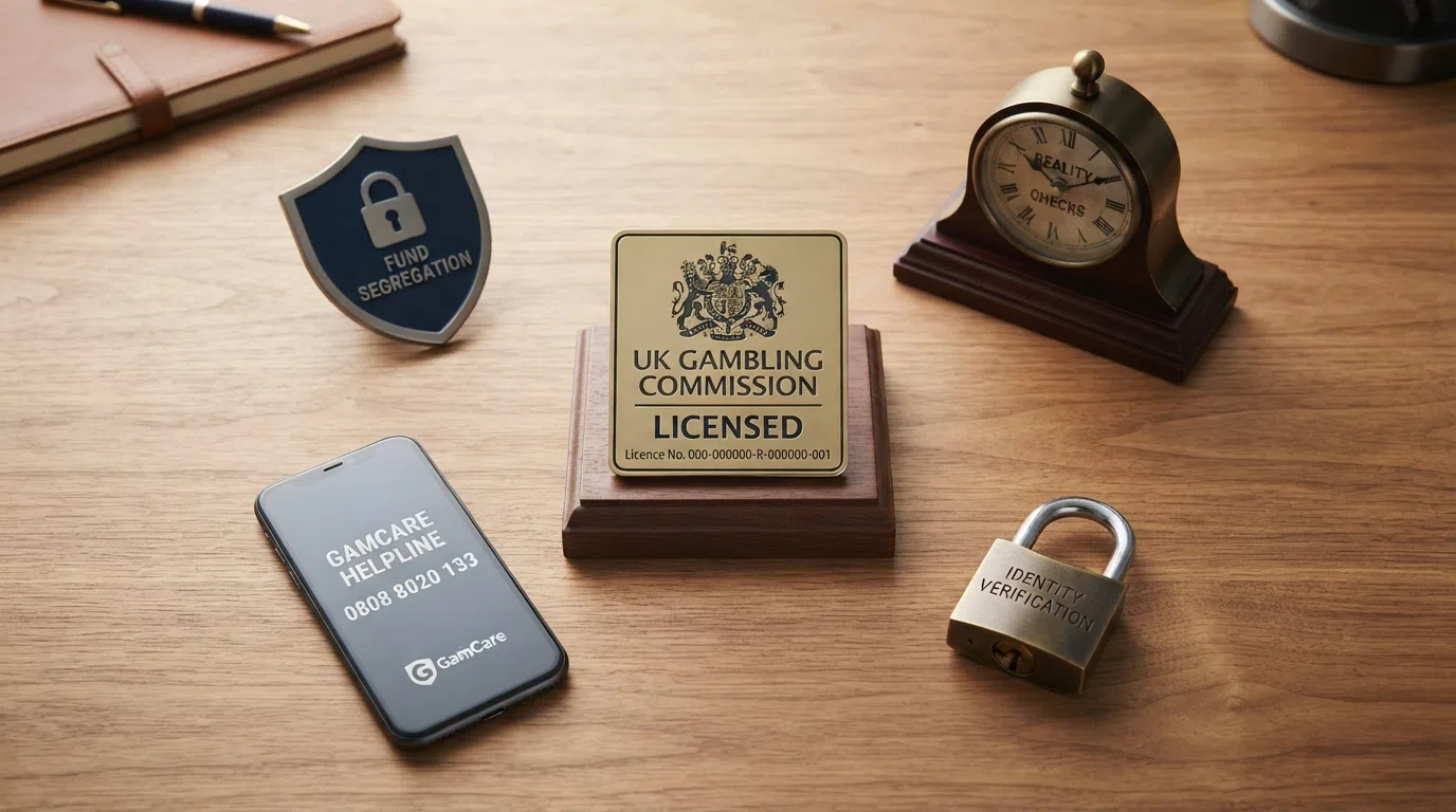 A UKGC badge beside icons representing the key protections — a shield for fund segregation, a clock for reality checks, a lock for identity verification and a phone for the GamCare helpline