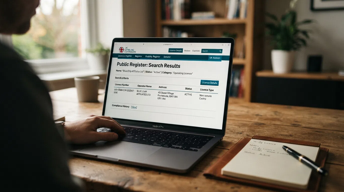 A laptop screen showing the UK Gambling Commission public register search interface with a licence number entered and the result displayed