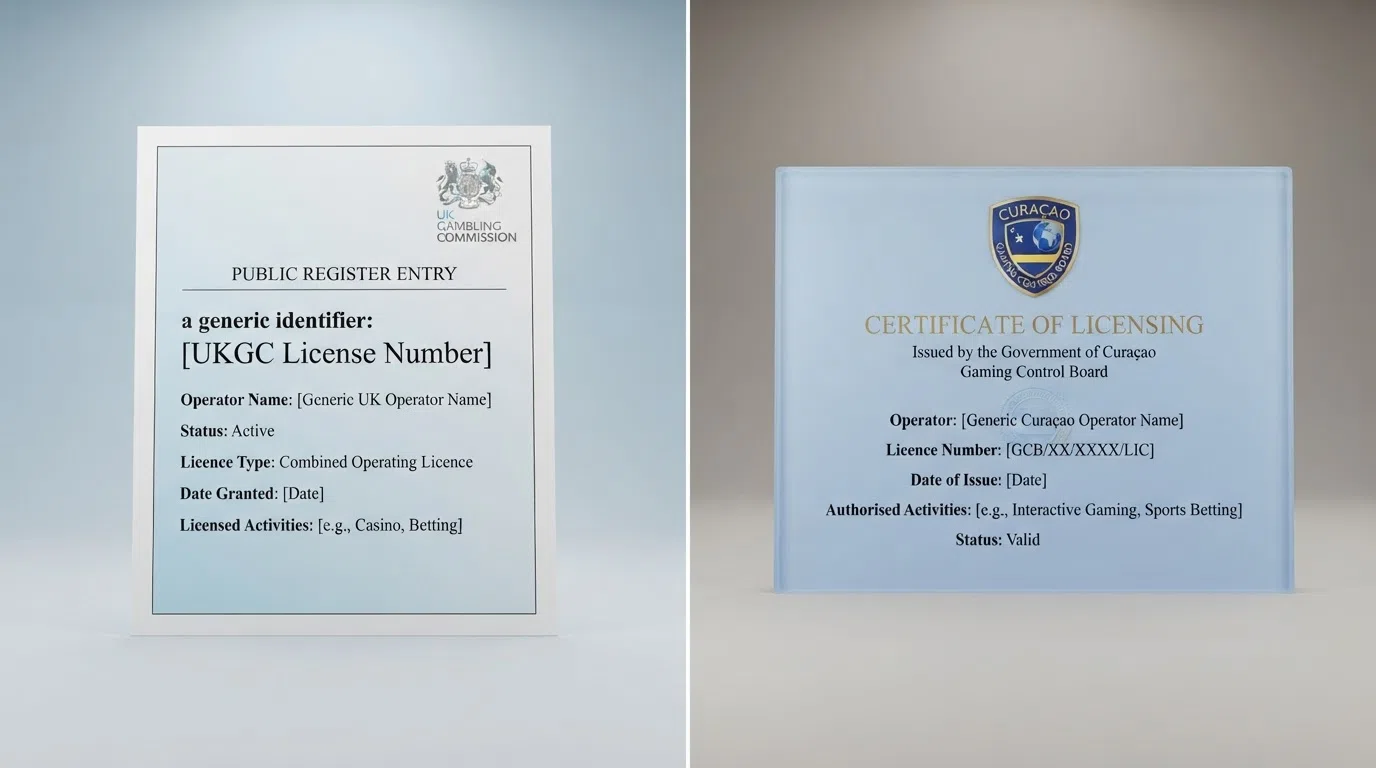 A side-by-side comparison graphic: the left panel shows a stylised UKGC public-register entry with the words “Licence number:” and a GAMSTOP logo; the right panel shows a Curaçao licence certificate with the UK map greyed out or missing.