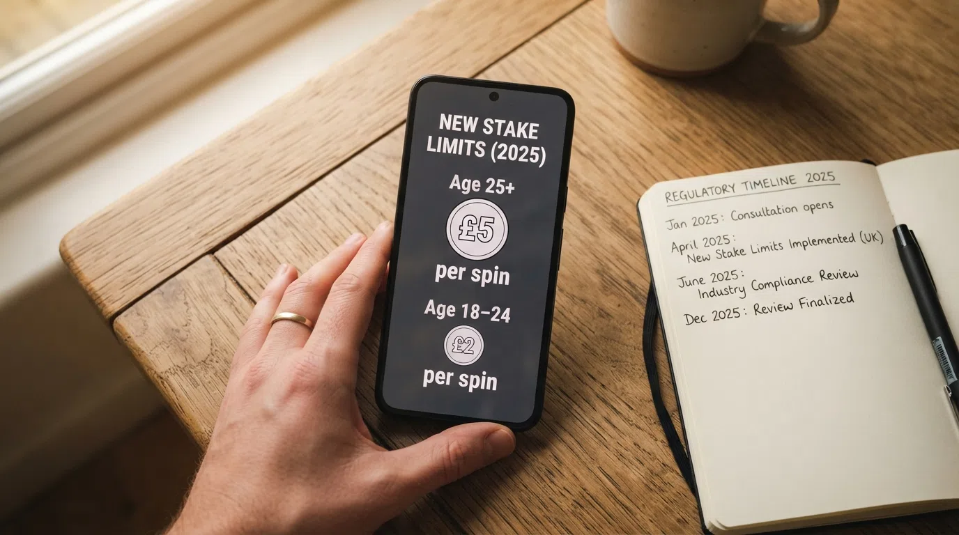 A simple infographic showing the two UK age-banded stake caps (£5 for 25+, £2 for 18–24) alongside a calendar marking the key regulatory dates: April 2025 stake caps, December 2025 wagering cap, 2026 gross deposit limit