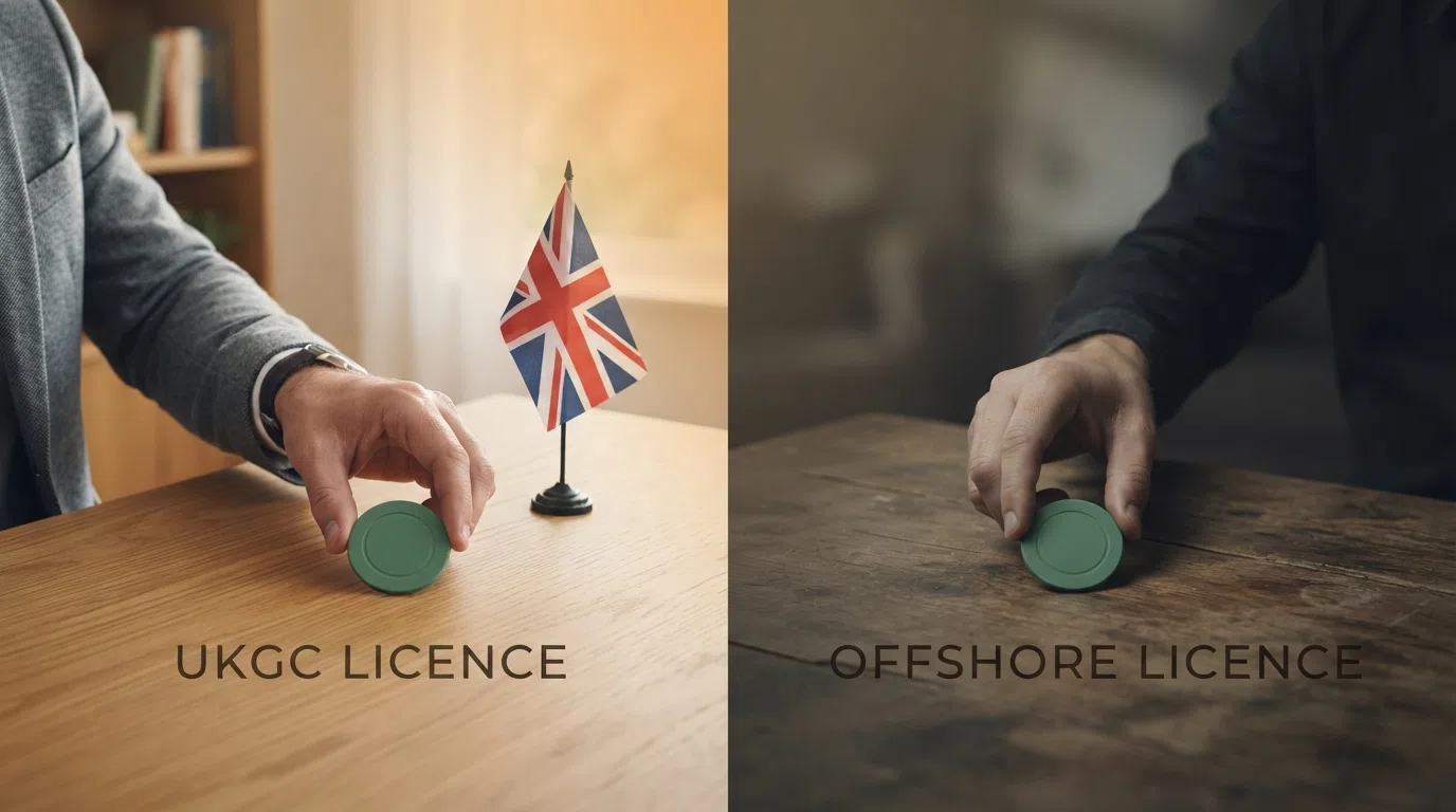 A side-by-side visual comparing the key player protections — stake limits, ADR, fund segregation and self-exclusion — under a UKGC licence and under a typical offshore licence