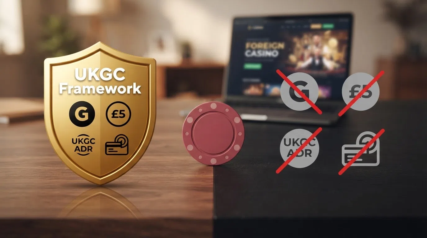 A side-by-side comparison graphic: on the left, icons for GamStop, £5 stake cap, UKGC ADR and deposit limits arranged inside a shield labelled “UKGC Framework”; on the right, the same icons greyed out and crossed through outside the shield.