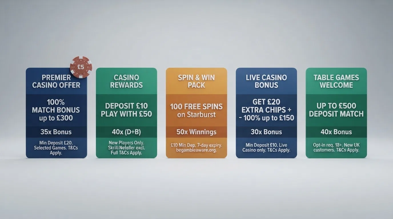 A comparison table of ten UK casino welcome offers, ranked by bonus and wagering.